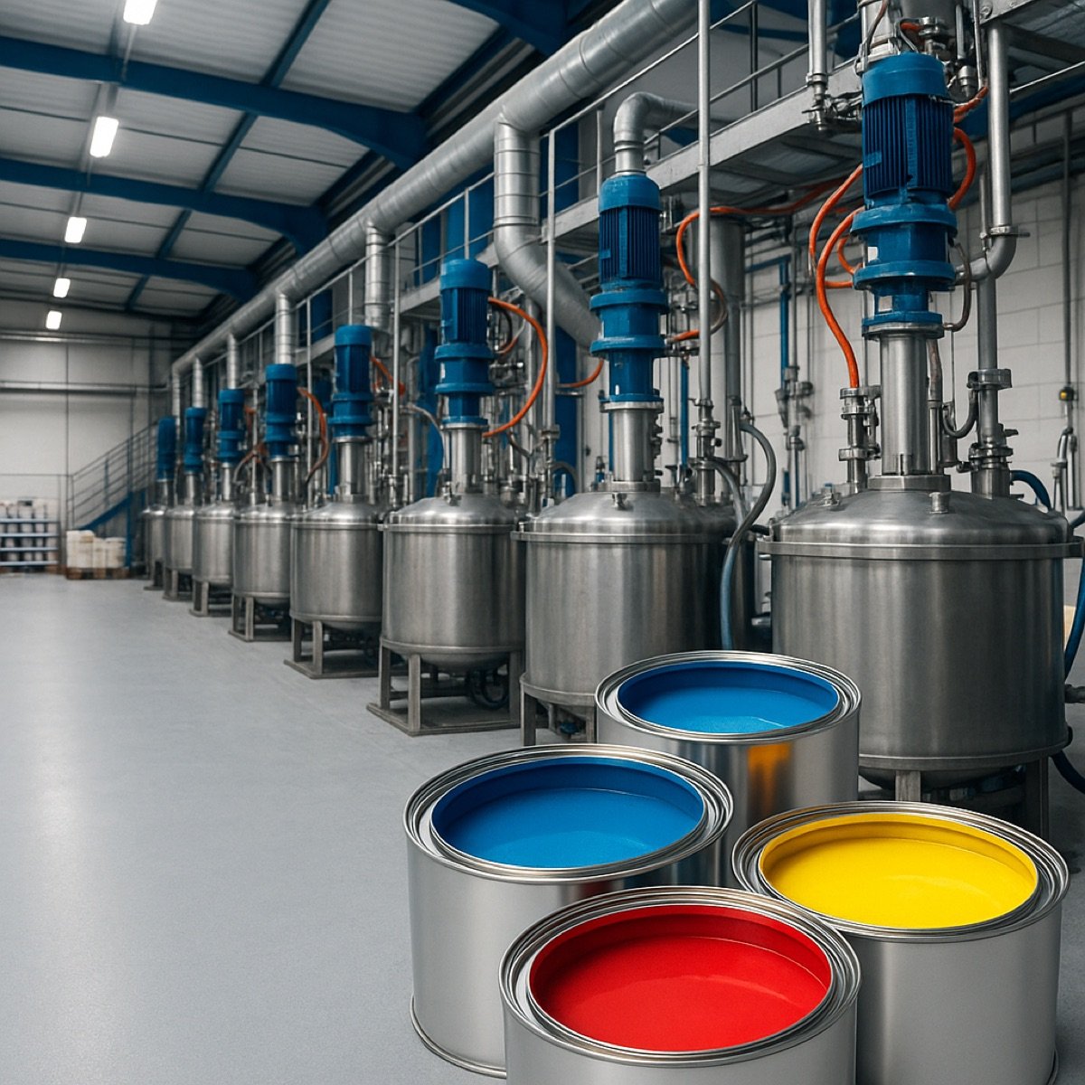 Reatores industriais e latas de tinta